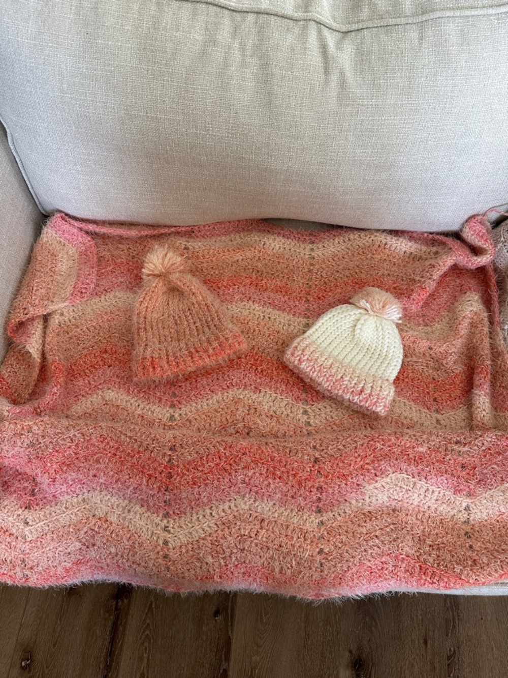 Handmade Peach & Cream Knit Blanket with Two Pom-Pom Beanies